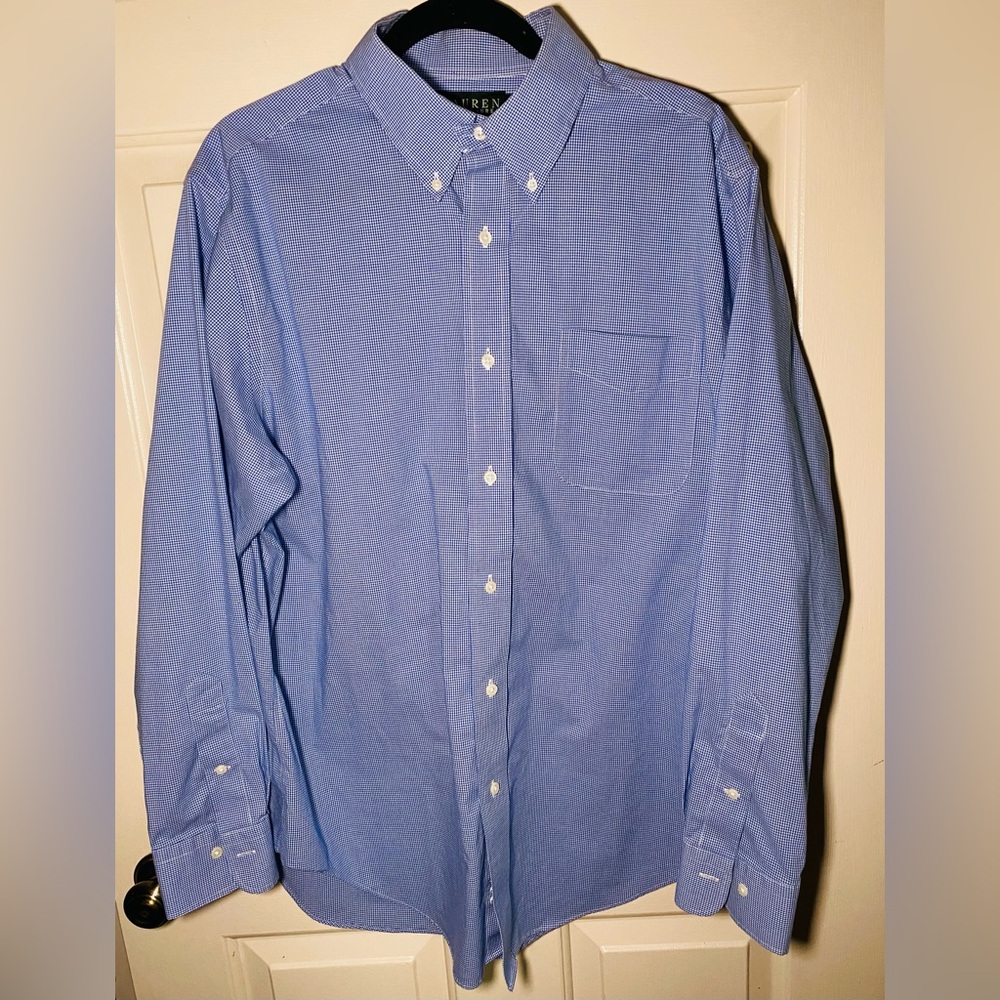 Lauren by Ralph Lauren Men's Long Sleeve Button Up Shirt Blue Striped, 34/35